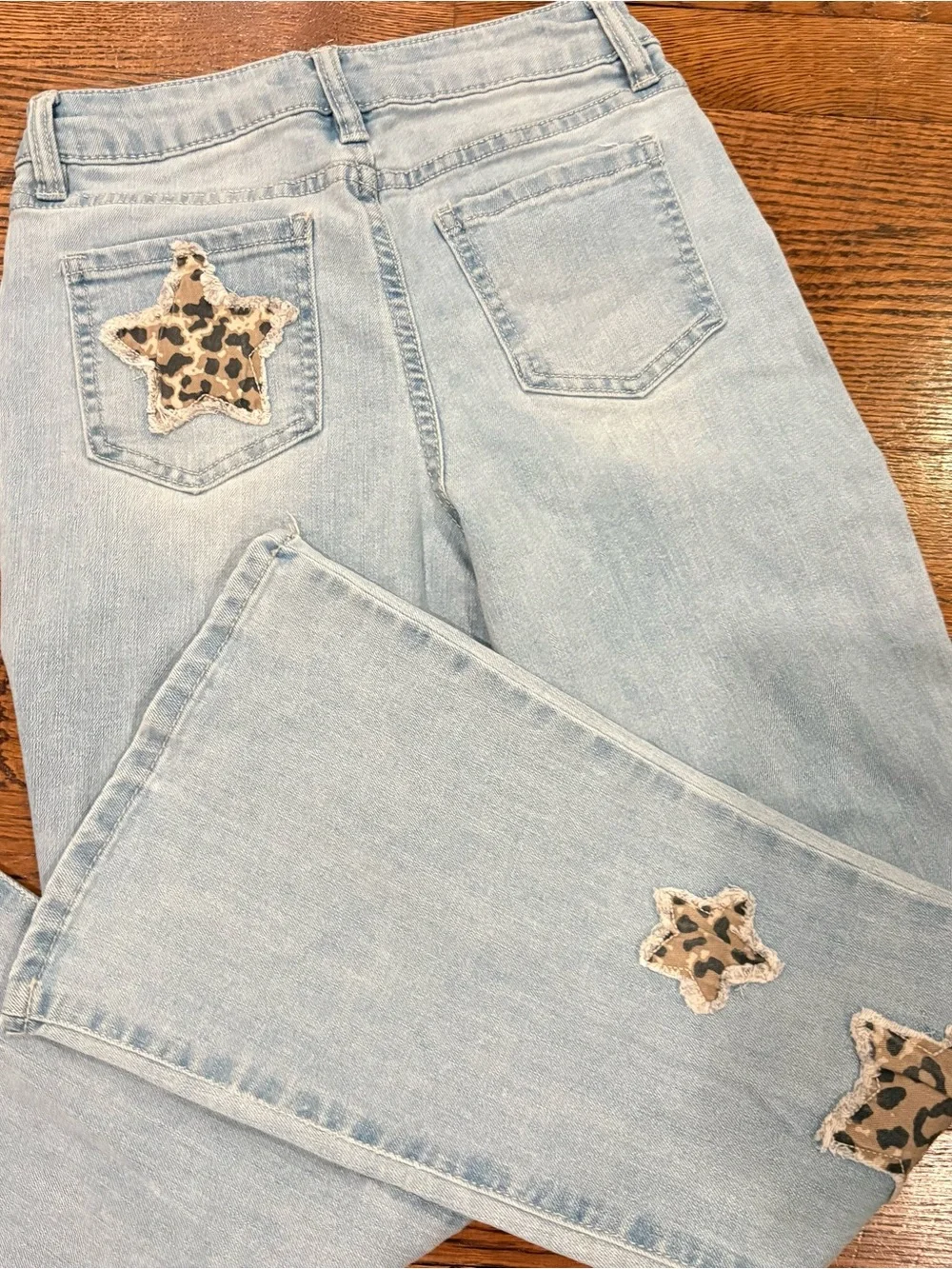 Girls Gap Shirt Light Wash Flare Jeans with Leopard Star Patches Outfit